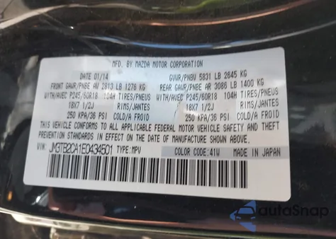 2014 Mazda Cx-9 Touring z USA, uszkodzony, nr VIN JM3TB2CA1E0434501